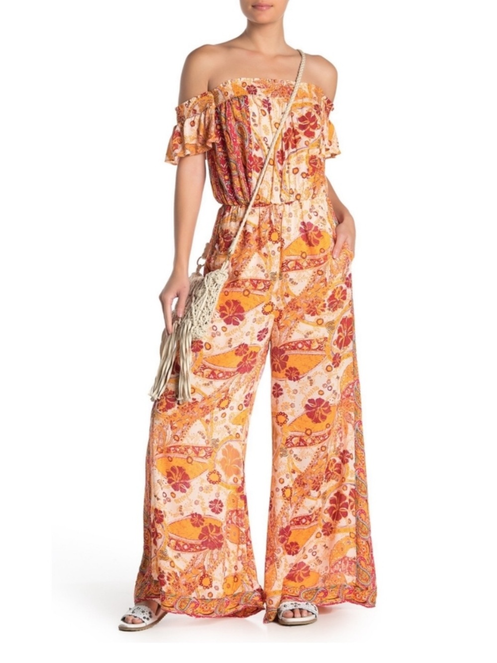 Free People Carmen Pantsuit Orange Floral Paisley Off Shoulder Wide Leg Jumpsuit